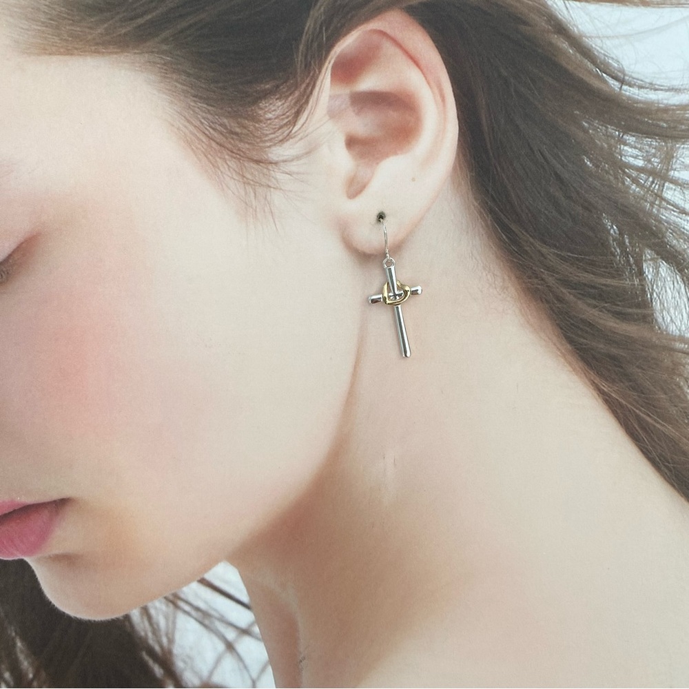 4/$15 Silver Cross Gold Heart Drop Earrings - Picture 2 of 5